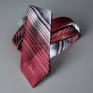 VTG Botany 500 Tie Burgundy Gray Diagonal Stripe Art Deco Retro Polyester 55"